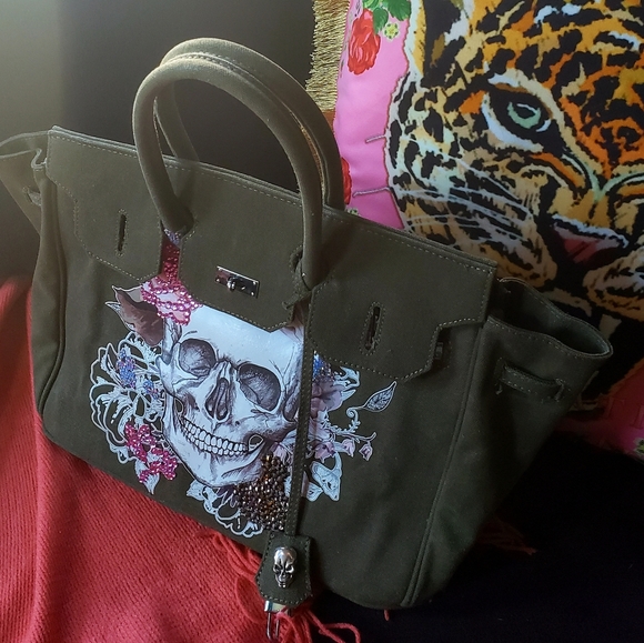Army green, skull satchel, made in France - Picture 2 of 6